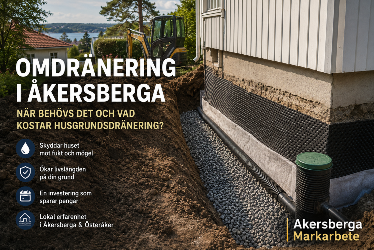 Omdränering i Åkersberga – husgrundsdränering med grävning och installation av dräneringsrör
